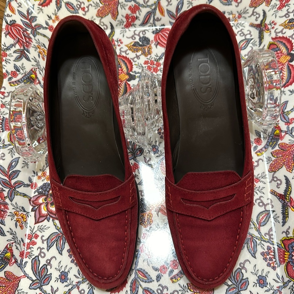 TOD'S Burgundy Suede Penny Loafers for Women